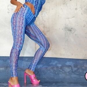 PrettyLittleThing Leggings Blue Snake Print Sheer Mesh Ruched Side Panel Pants